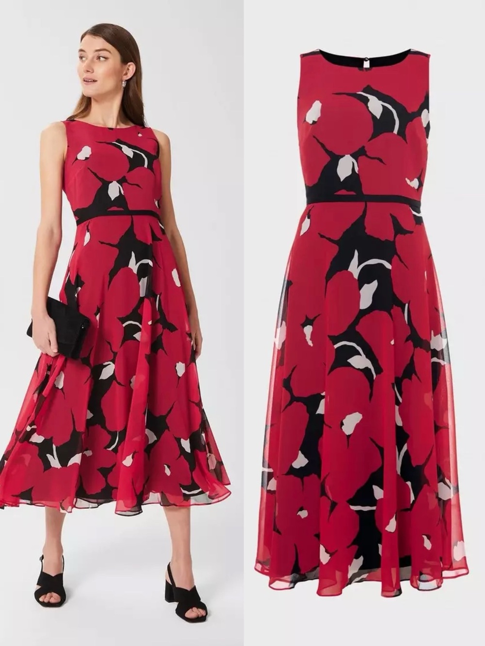 HOBBS • Carly Floral Midi Dress pink black flower print georgette chiffon a-line